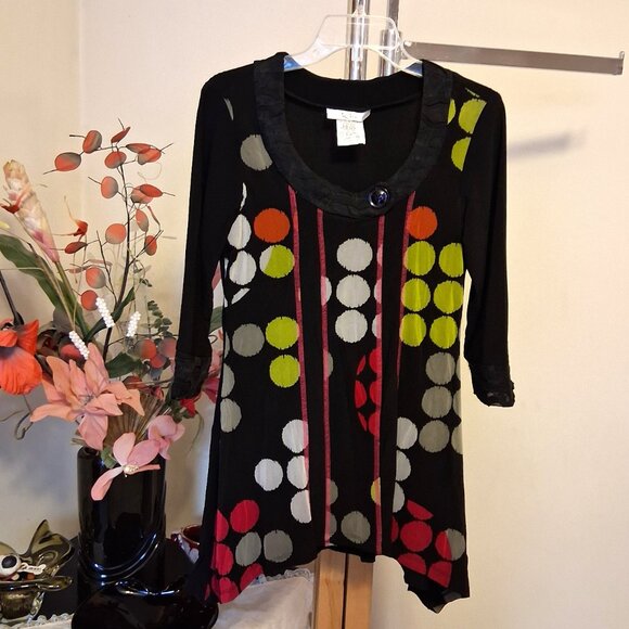 NWT Zoe Women's Black Multi Color Patchwork Blouse ¾ Sleeve Top Size M - Picture 6 of 9